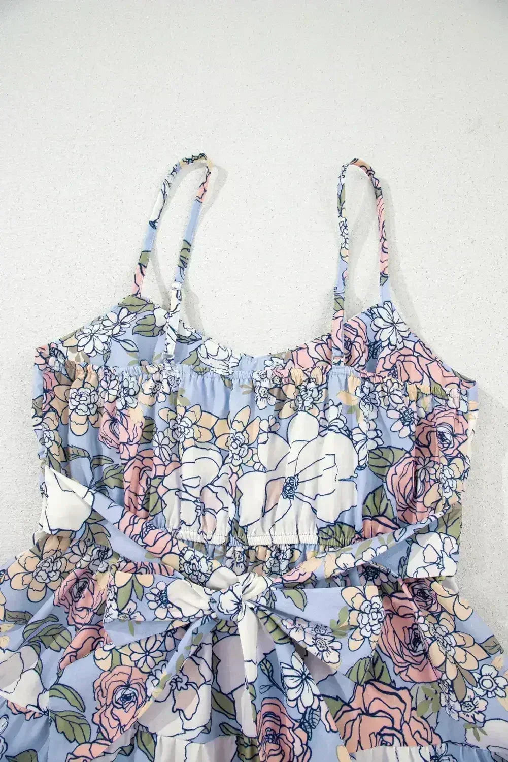 Sky Blue Floral Tiered Patchwork Spaghetti Strap Vacation Dress - Femstylo