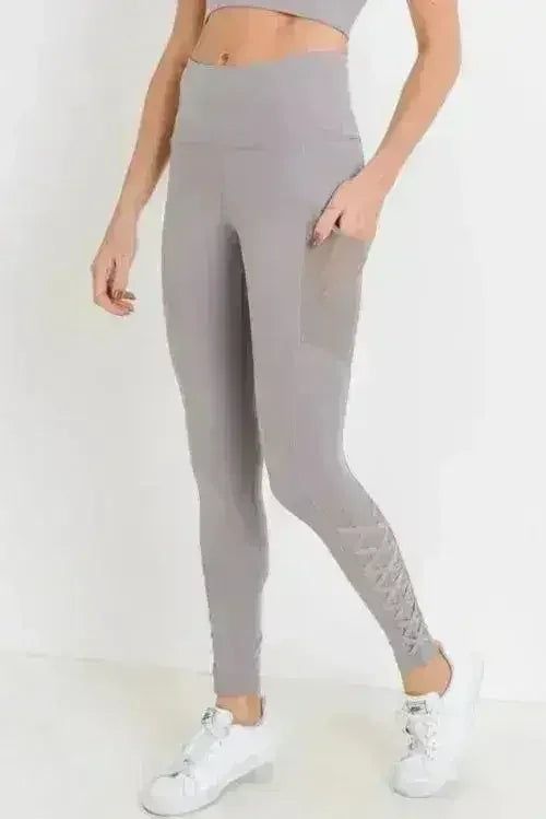 Highwaist Hybrid Mesh & Lattice Straps Full Pocket Leggings - Femstylo