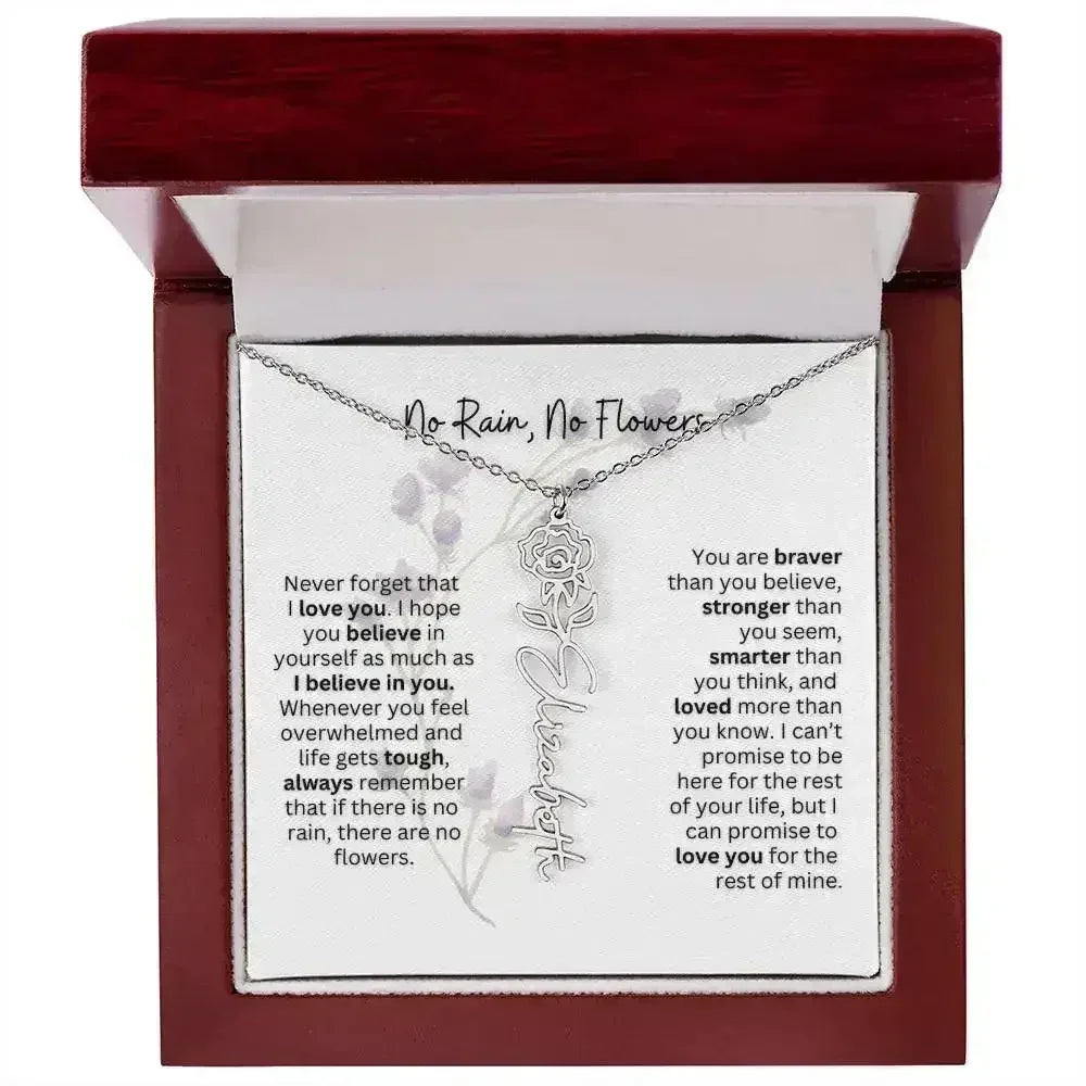 Birth Flower Necklace With Name I No Rain - No Flowers | For Bonus Daughter - Femstylo