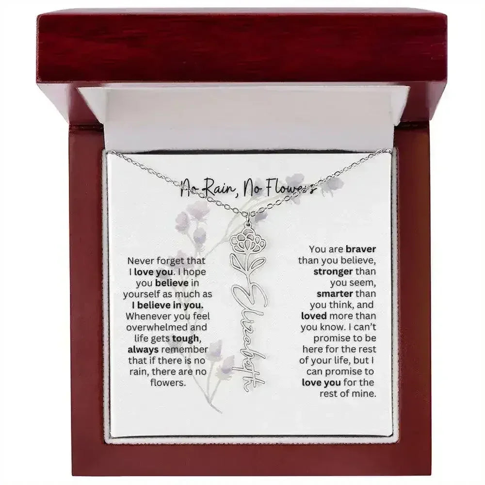 Birth Flower Necklace With Name I No Rain - No Flowers | For Bonus Daughter - Femstylo