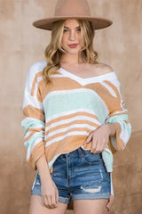 Multicolor Colorblock Stripe V Neck Split Sweater - Femstylo
