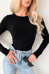 Black Ribbed Long Sleeve Crew Neck Solid Color Bodysuit