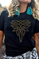Black Rhinestone Boot Stitch Pattern Printed Cotton Blend Tee