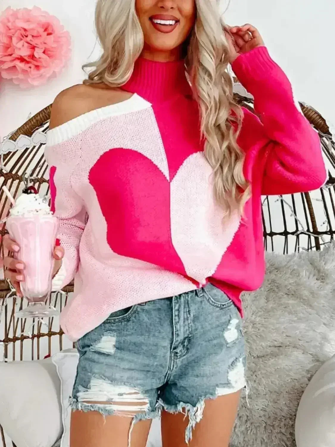 Valentine's Day Heart Turtleneck Cold Shoulder Sweater - Femstylo