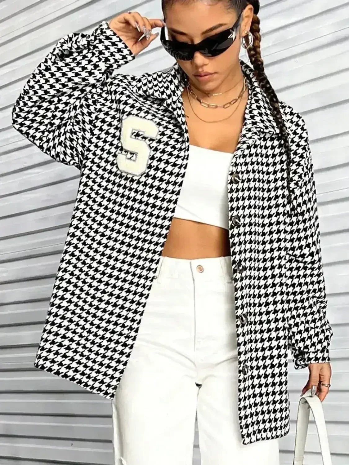 Houndstooth Button Down Long Sleeve Shacket - Femstylo