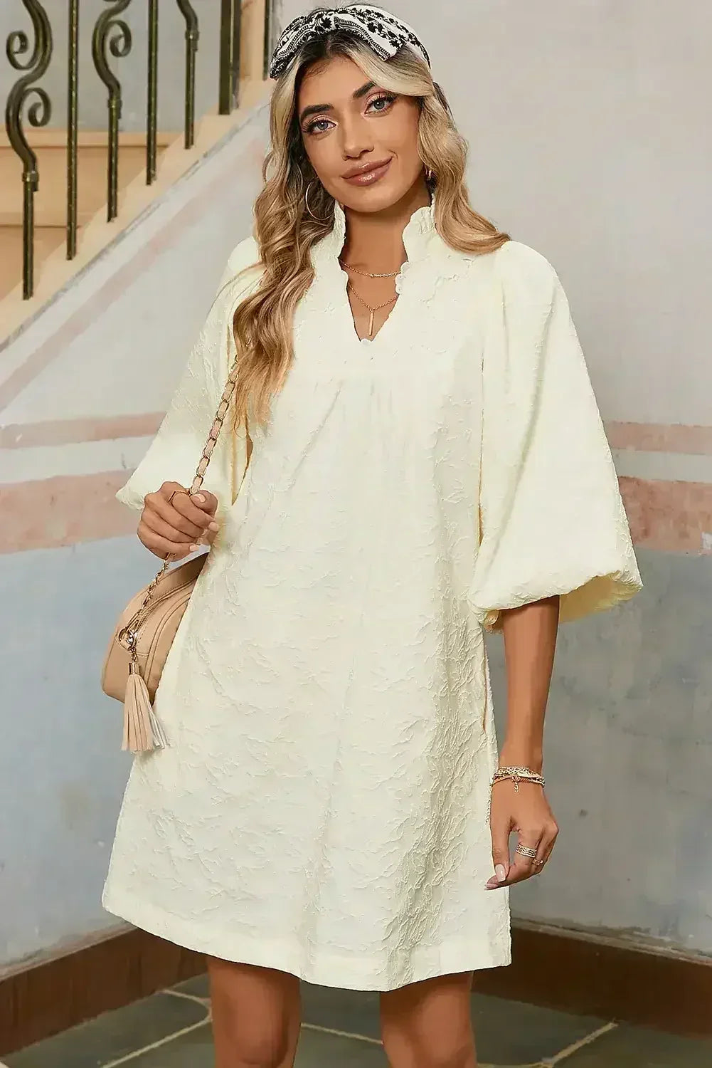 White Floral Textured Frill V Neck Mini Dress - Femstylo
