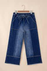 Prussian Blue Drawstring Seam Detail Raw Hem Wide Leg Jeans