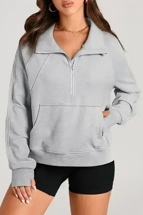 Moss Green Quarter Zip Stand Neck Kangaroo Pocket Sweatshirt - Femstylo