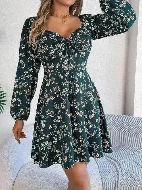 Printed Sweetheart Neck Balloon Sleeve Mini Dress - Femstylo