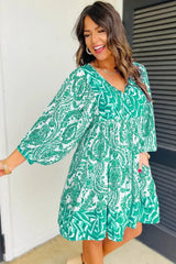 Green Bohemian Print Puff Sleeve Tied V Neck Flared Mini Dress - Femstylo