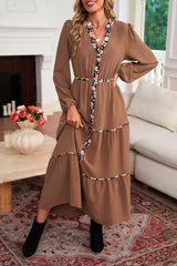 Chestnut Floral Patchwork Notched Neck Long Sleeve Maxi Dress