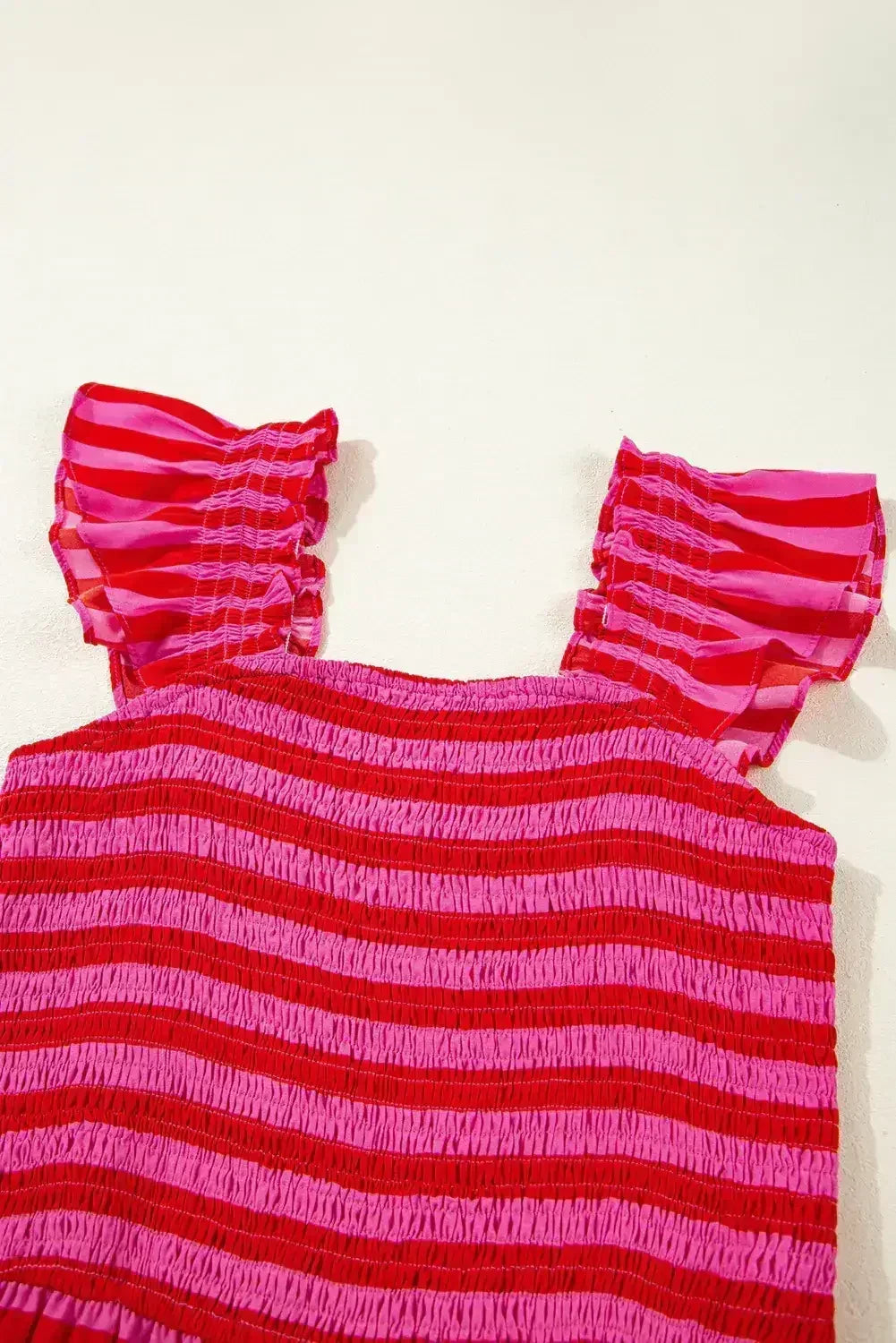 Rose Stripe Ruffle Strap Shirred Bodice Tiered Maxi Dress - Femstylo