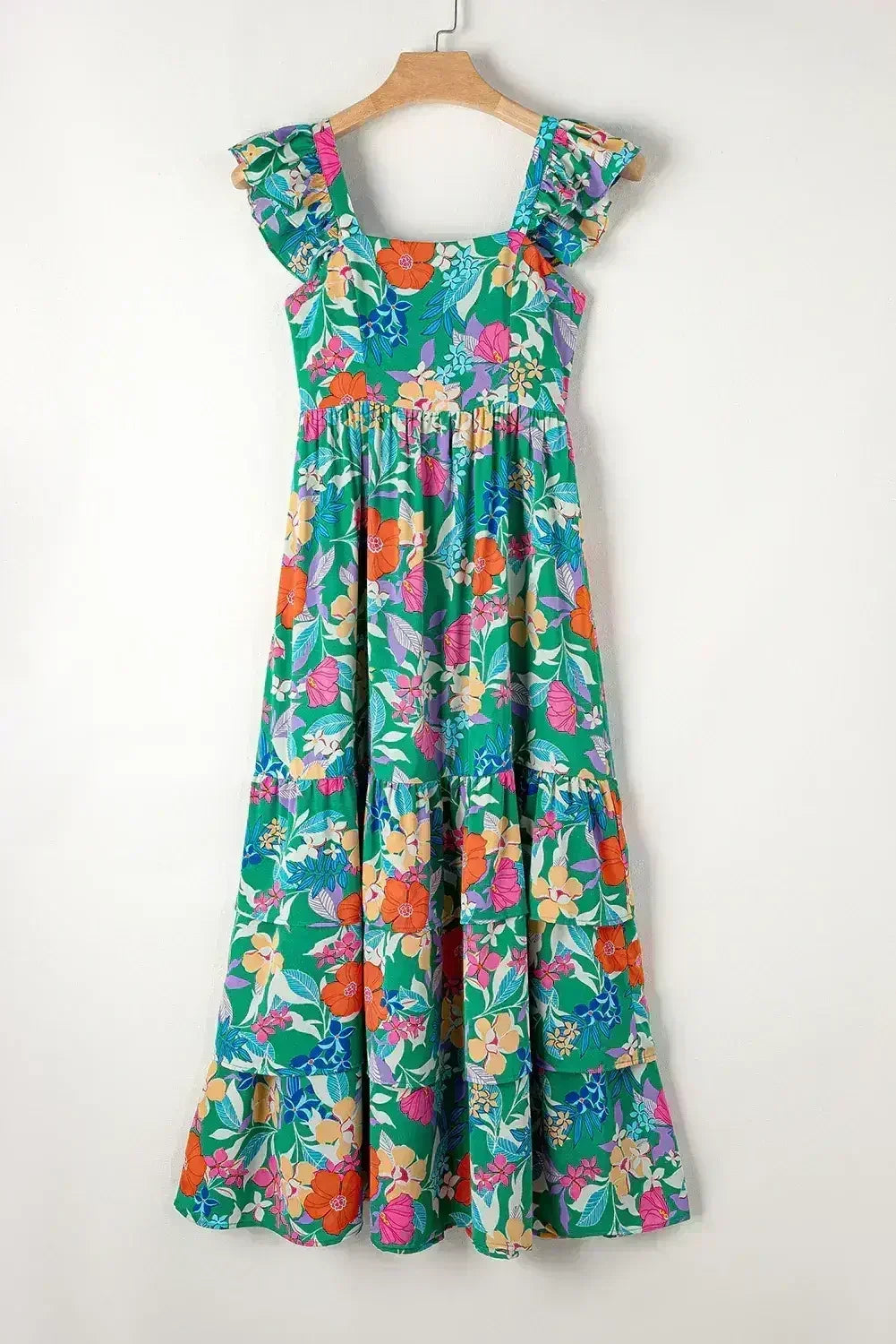 Green Boho Floral Print Ruffle Sleeveless Tiered Maxi Dress - Femstylo