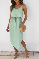 Clearly Aqua Irregular Split Spaghetti Strap Midi Dress - Femstylo