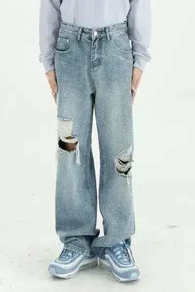 Distressed Wide Leg Jeans with Pockets - Femstylo