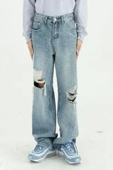 Distressed Wide Leg Jeans with Pockets - Femstylo