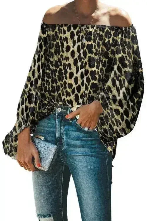 Leopard Print Long Sleeve Elastic Neck Off Shoulder Top | Femstylo - Femstylo
