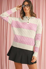 Pink Colorblock Button Collar Twisted Cable Knit Sweater - Femstylo