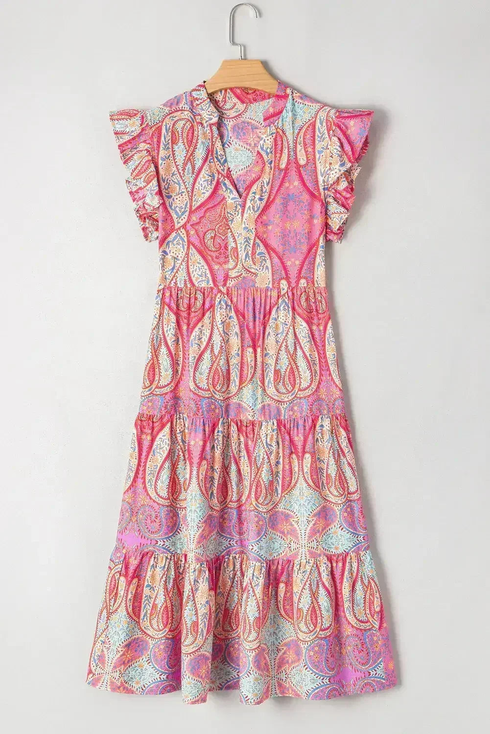Rose Ethnic Paisley Print Ruffle Sleeve Notch Neck Midi Dress - Femstylo
