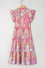 Rose Ethnic Paisley Print Ruffle Sleeve Notch Neck Midi Dress - Femstylo