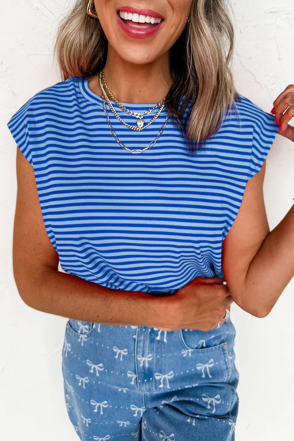 Black Stripe Ribbed Cap Sleeve Round Neck T Shirt