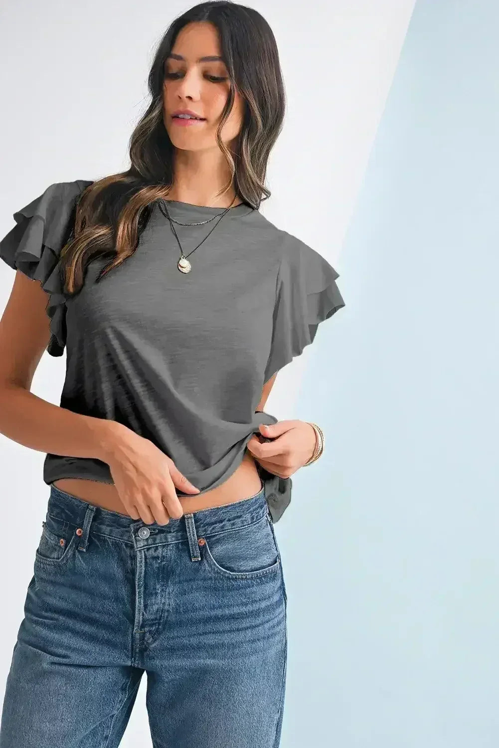 Dark Grey Ruffle Sleeve Plain Blouse | Femstylo - Femstylo