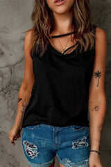 Black Strappy Hollow-out Neck Tank Top - Femstylo