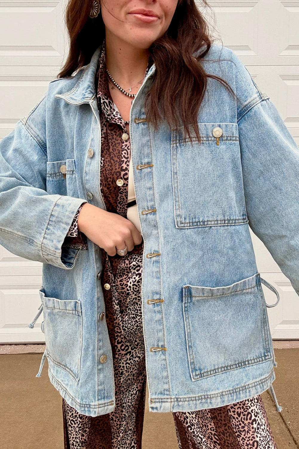 Beau Blue Multi Patched Pockets Side Tie up Boyfriend Style Denim Jacket