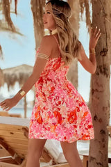 Red Floral Spaghetti Strap Surplice Neck Shirred Waist Mini Dress - Femstylo