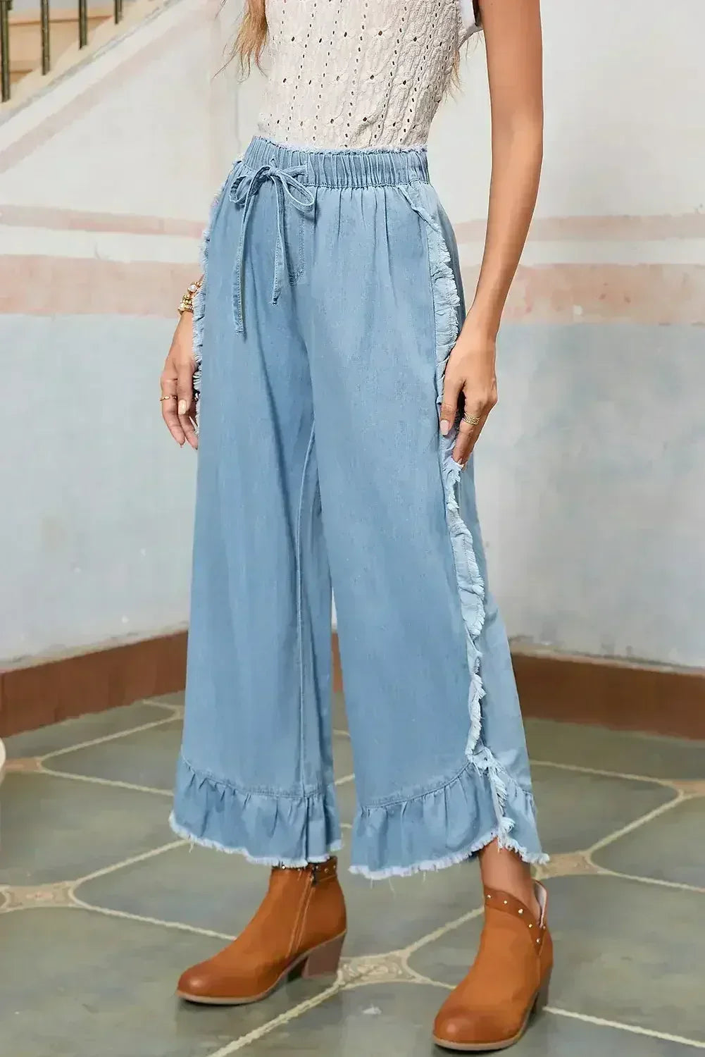 Myosotis Light Wash Raw Hem Ruffle Wide Leg Jeans - Femstylo