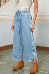 Myosotis Light Wash Raw Hem Ruffle Wide Leg Jeans - Femstylo