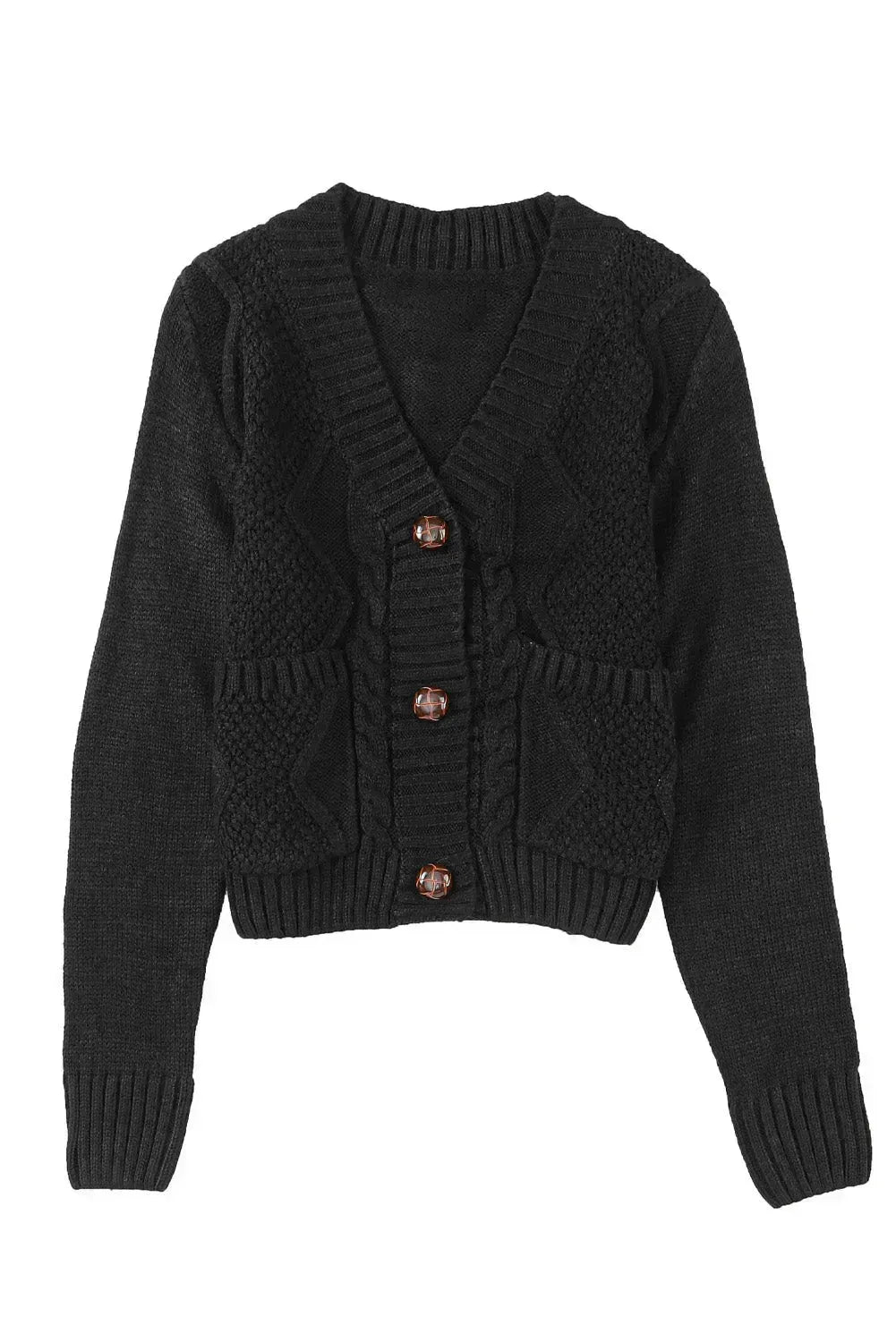 Textured Black Cardigan | Button-Front w/Pockets | Sizes S-3XL