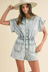 Annie Wear Elastic Waistband Short Sleeve Denim Romper - Femstylo