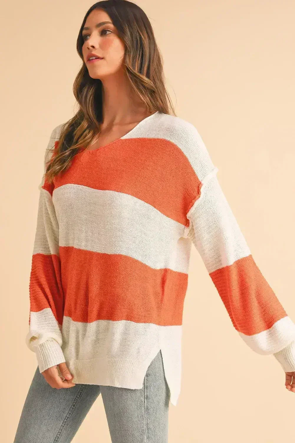 Orange Colorblock V Neck Side Slits Sweater - Femstylo