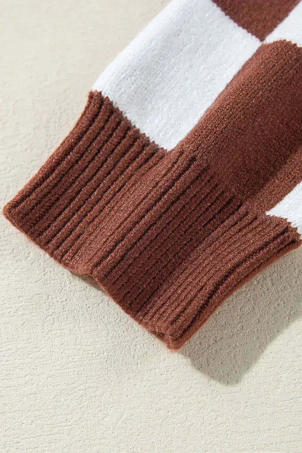 Brown Checkered Print Drop Shoulder Round Neck Sweater - Femstylo