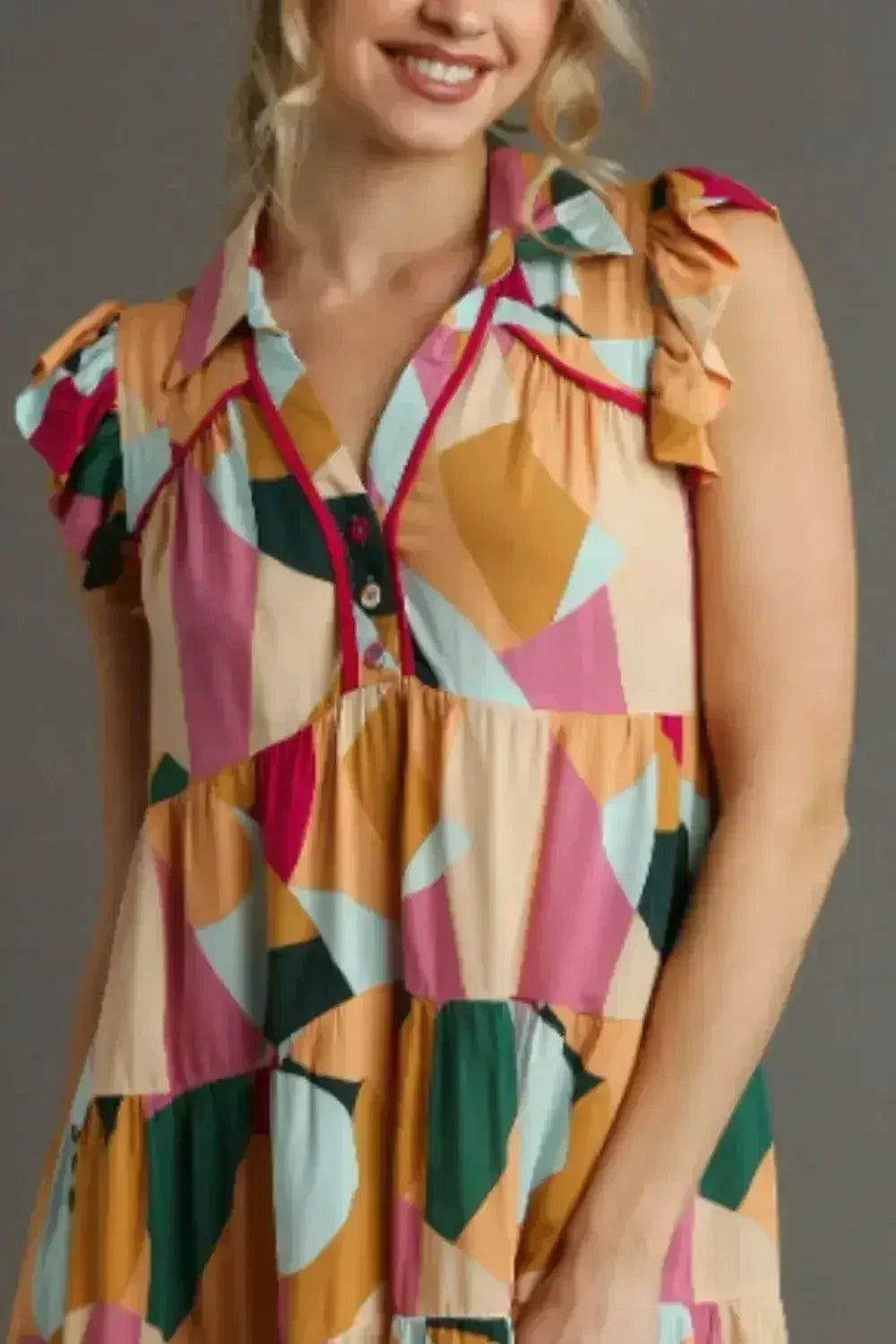 Umgee Full Size Button Detail Ruffle Sleeve Mini Dress Plus Size - Femstylo