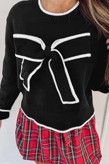 Black Contrast Trim Big Bow Accent Cropped Sweater