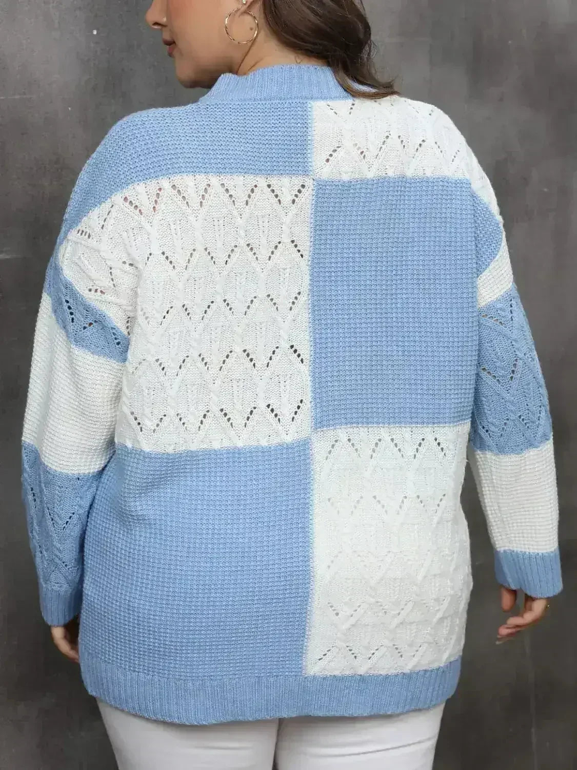 Plus Size Openwork Color Block Long Sleeve Sweater - Femstylo