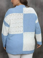 Plus Size Openwork Color Block Long Sleeve Sweater - Femstylo