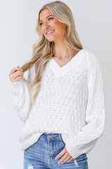 White Plain Knit Ribbed Edge V Neck Loose Sweater - Femstylo
