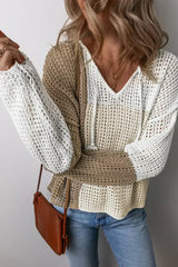 Brown Colorblock Hollow-out Tie V Neck Lightweight Sweater - Femstylo