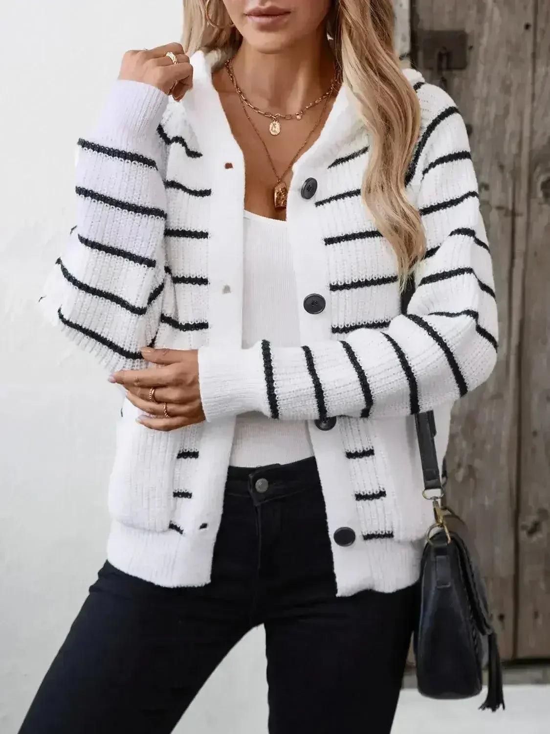 Striped Button Up Long Sleeve Hooded Cardigan - Femstylo