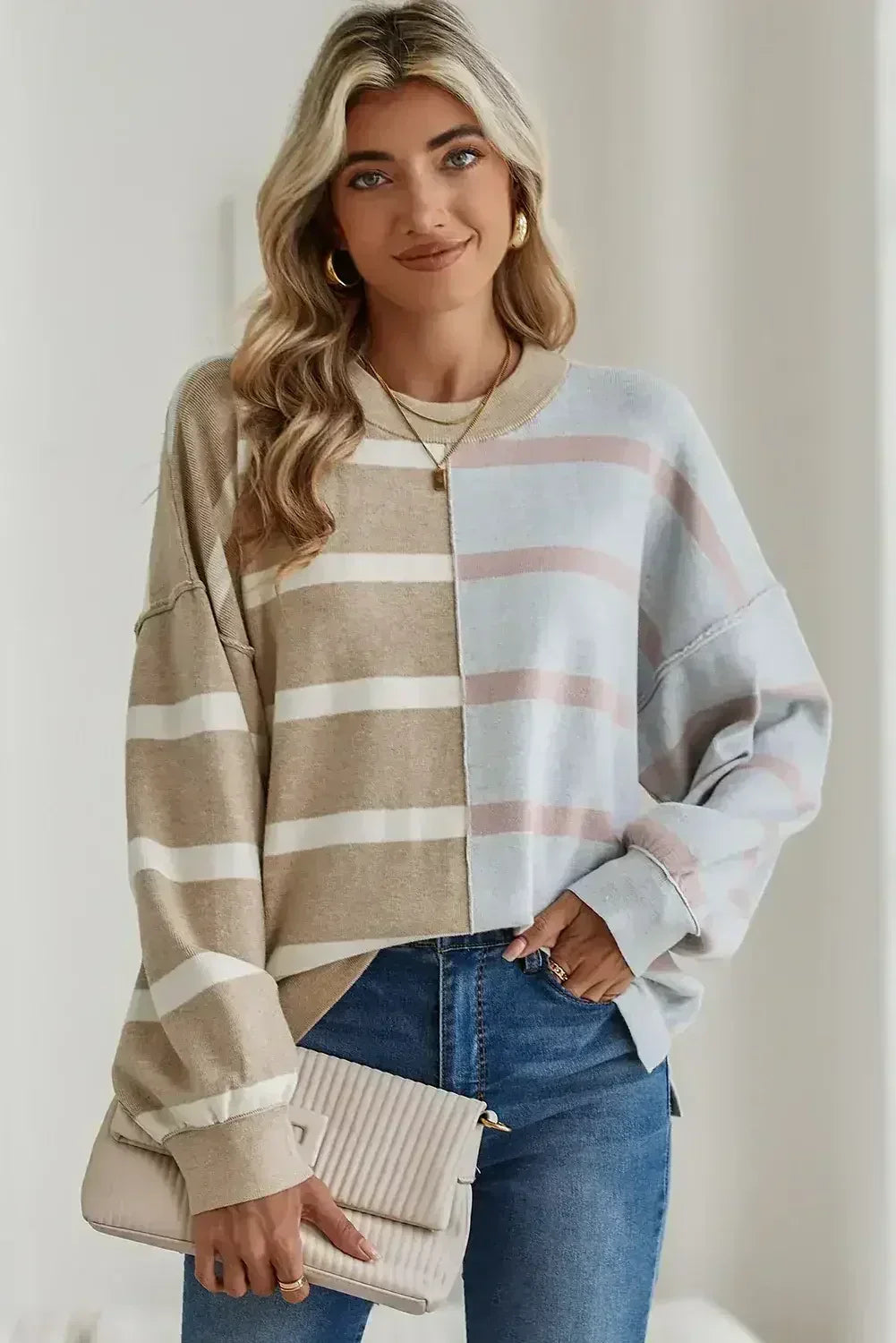 Pink Striped Patchwork Drop Shoulder Sweater - Femstylo