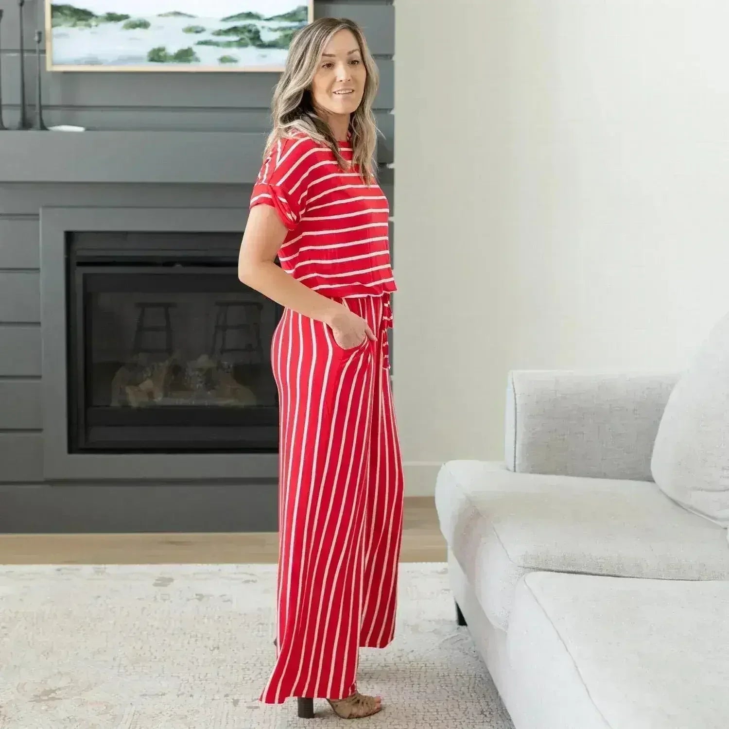 Stripe Jumpsuit Elastic Waist Back Keyhole - Femstylo