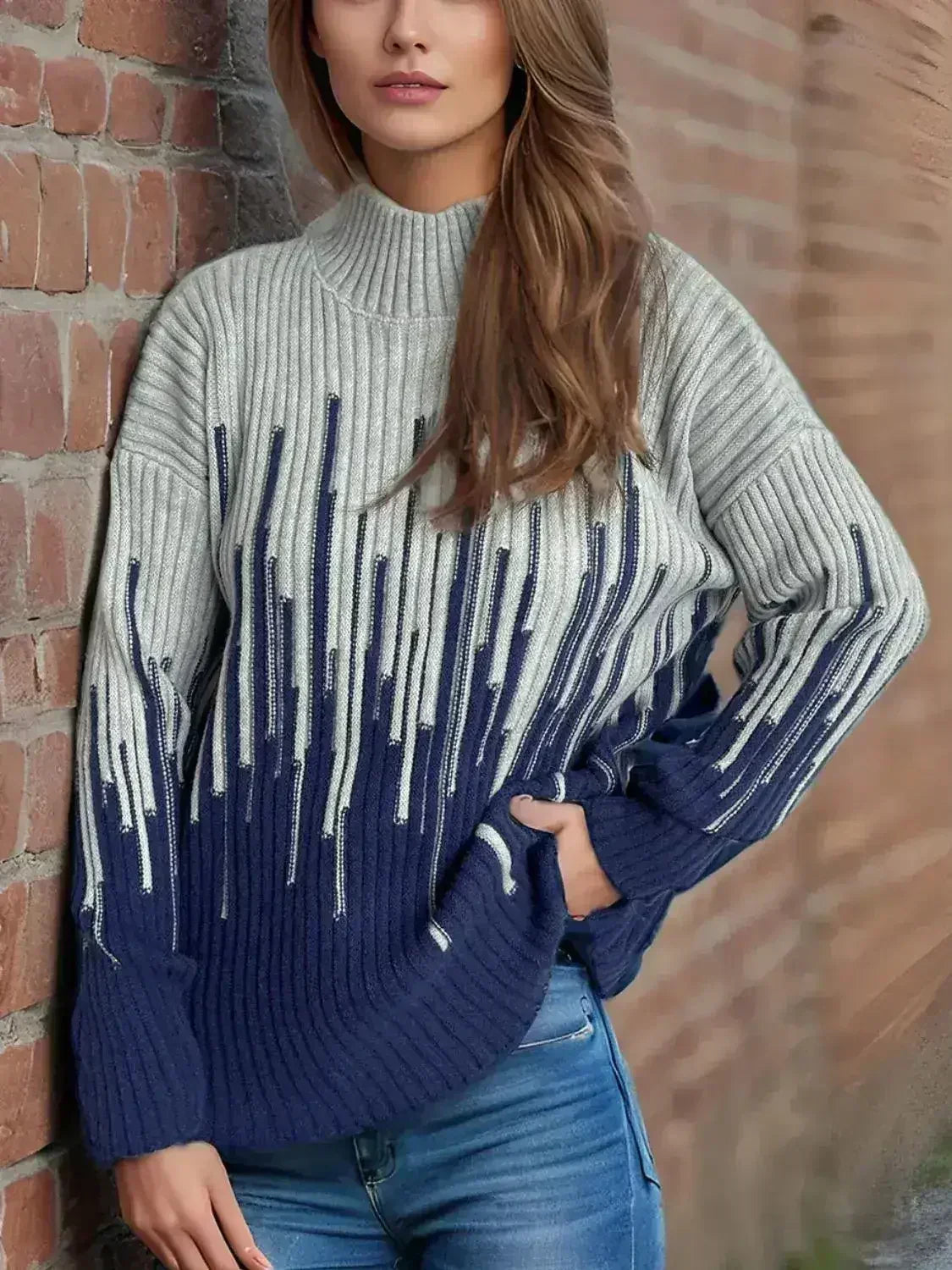 Contrast Mock Neck Long Sleeve Sweater - Femstylo