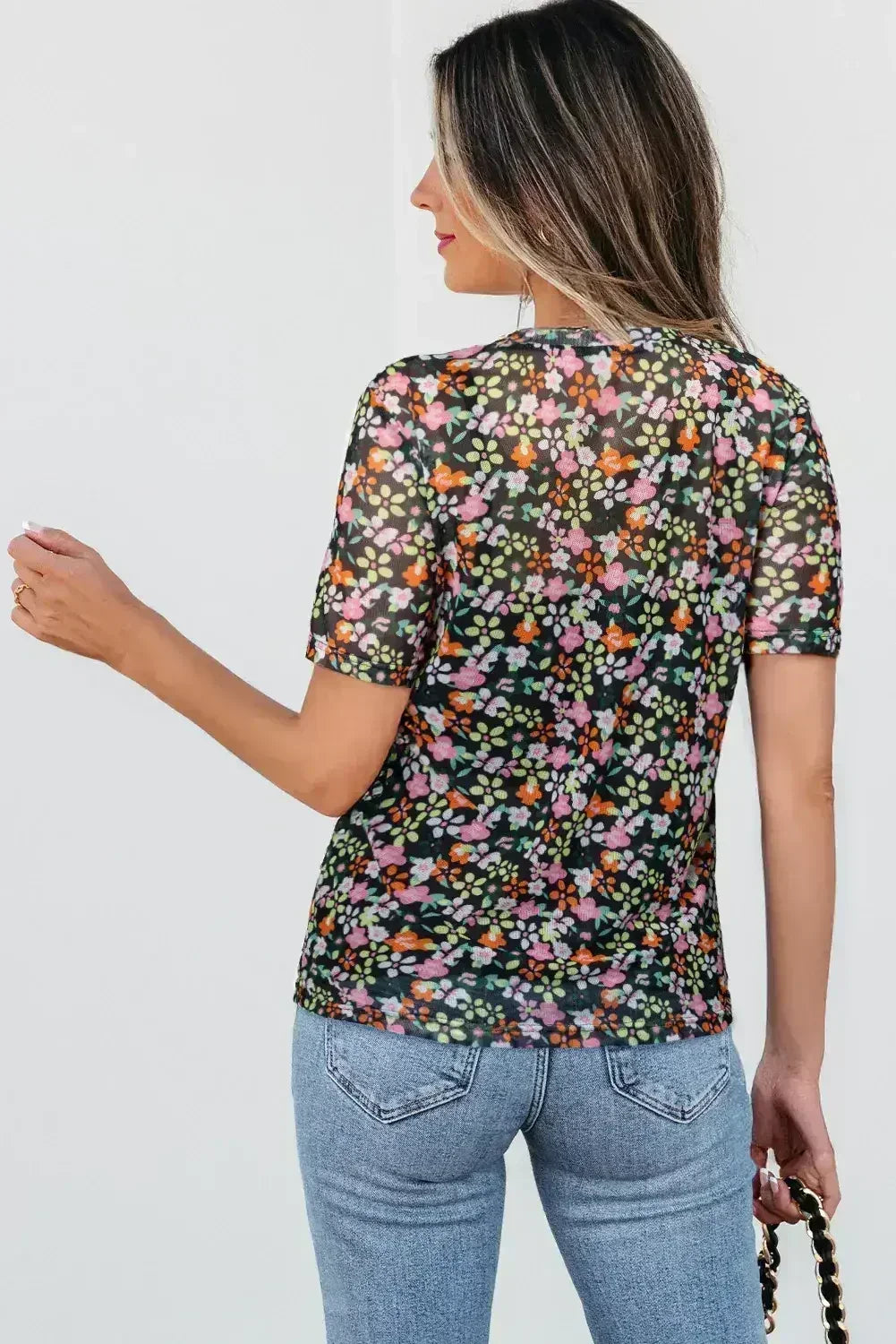 Black Sheer Mesh Floral Round Neck T Shirt with Camisole - Femstylo