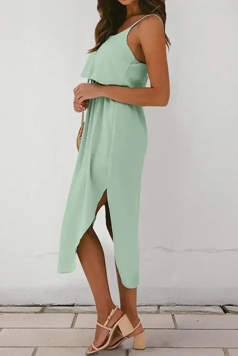 Clearly Aqua Irregular Split Spaghetti Strap Midi Dress - Femstylo
