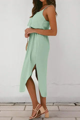 Clearly Aqua Irregular Split Spaghetti Strap Midi Dress - Femstylo