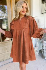 Cinnamon Split Neck Scallop Detail Pleated Corduroy Mini Dress