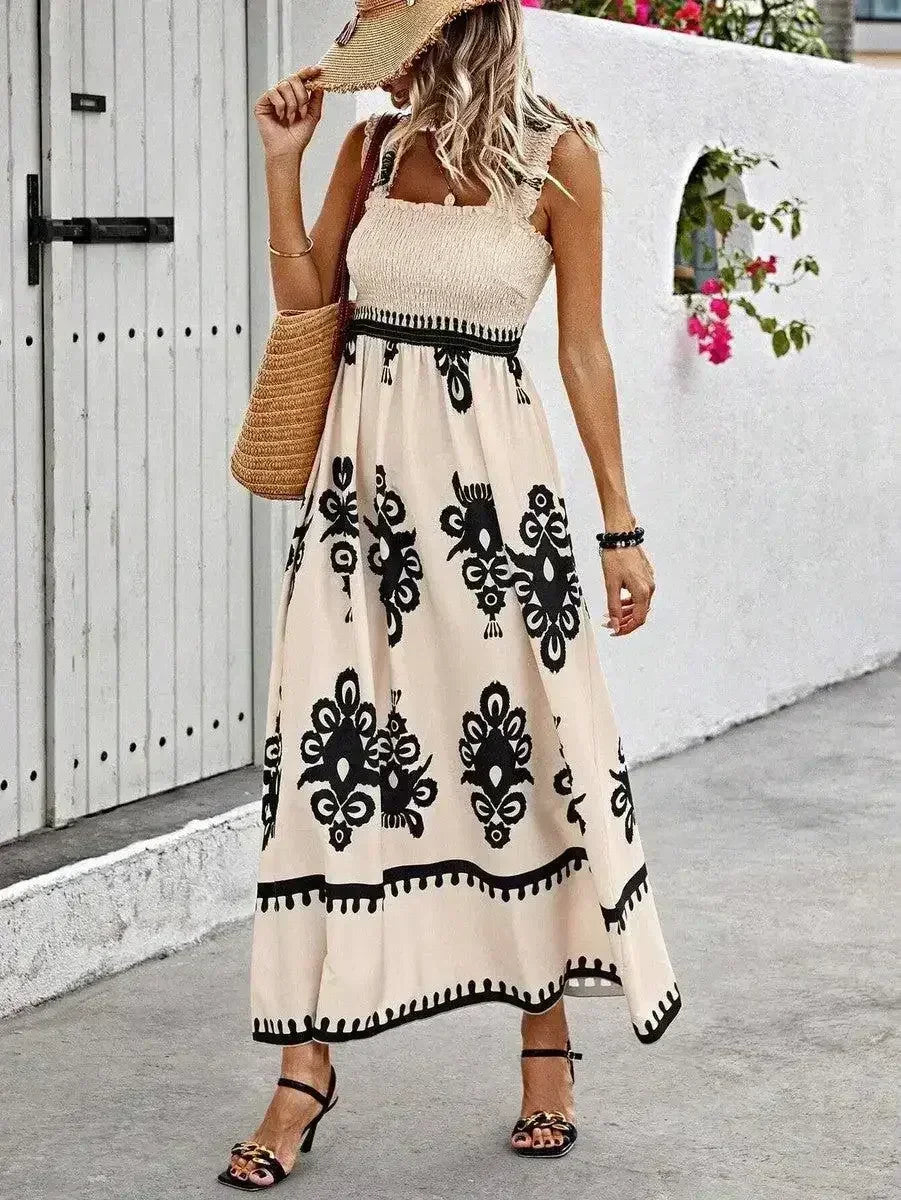 Black Boho Print Smocked Ruffle Sleeveless Maxi Dress - Femstylo